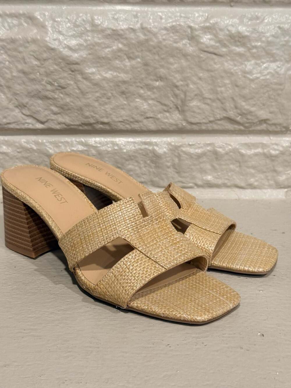 Nine West Ganda Raffia Block Heel Slide Sandals